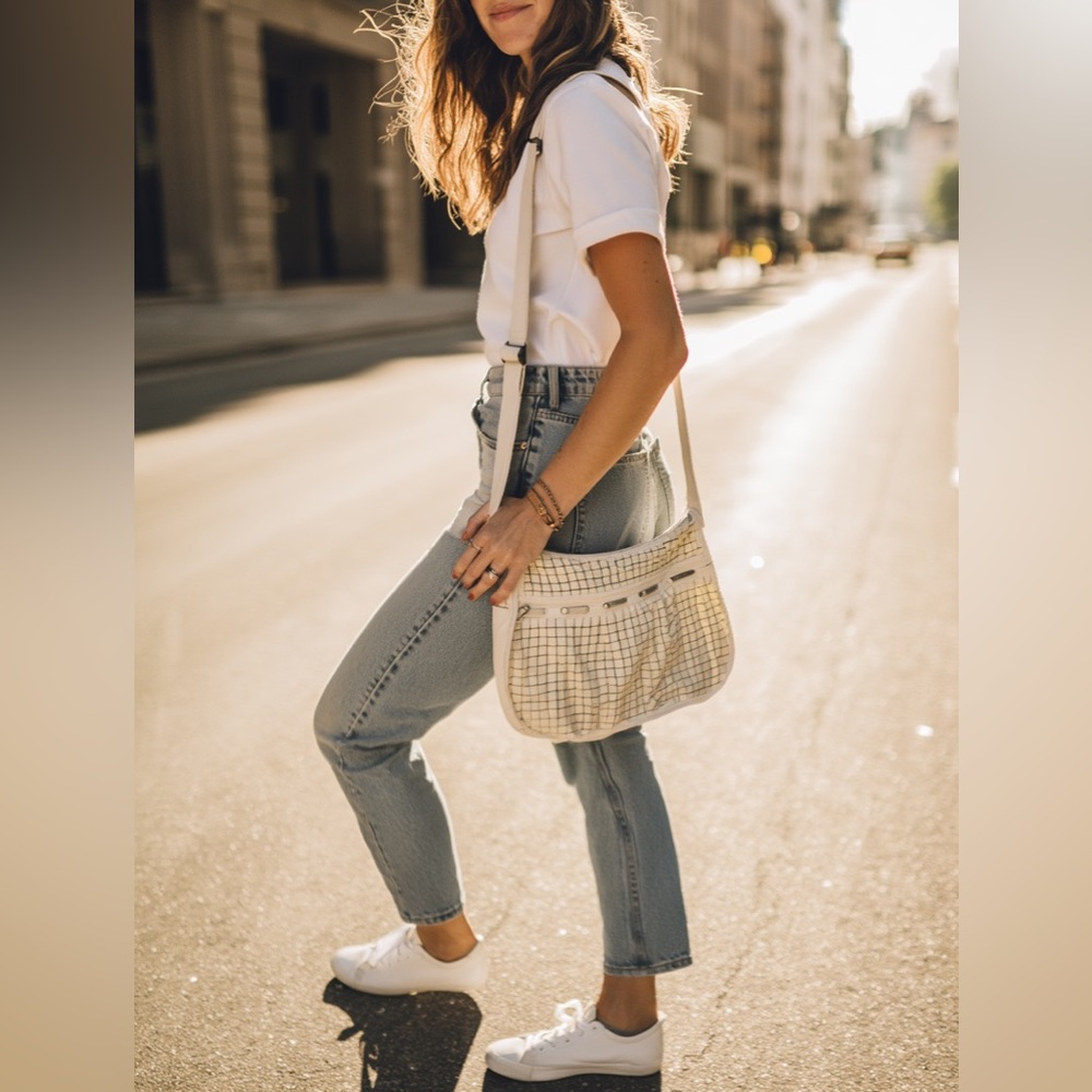 LeSportSac | Vintage Cream Grid Pattern Hobo/Shoulder Bag (made in USA)
